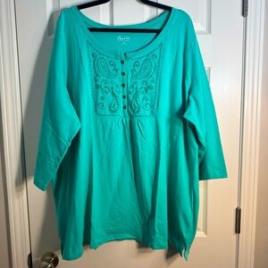 NWOT. Denim & Co. long sleeve embroidered tee. Size 3X. Turquoise blue